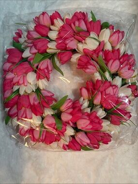 Pink & Cream Tulip Wreath - Faux Floral Home Decor